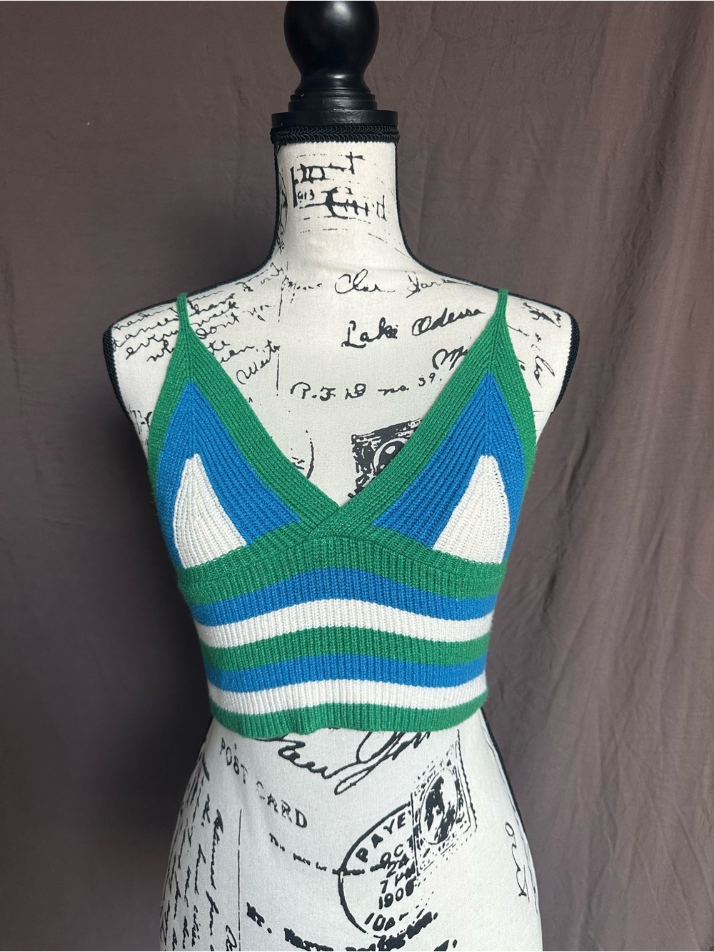 Green Blue White Striped Knit Crop Tank Top